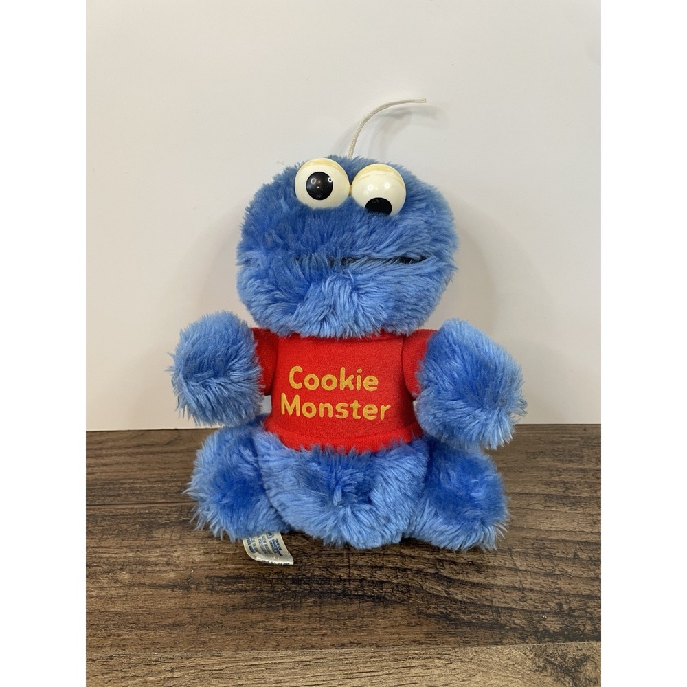 Vintage Sesame Street Cookie Monster 7" Plush Toy Red Shirt Hasbro Rattle Eyes